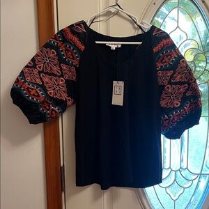THML Anthropologie Black top with embroidery NWT Size Small